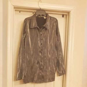 Basic Edition ladies metallic silver button down shirt